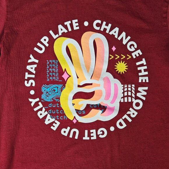 Dutch Bros Shirt Mens Medium Red Stay Up Late Change The World Graphic T Coffee - Picture 3 of 8